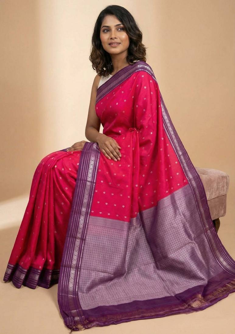 Dual tone pink and purple butta semi silk saree