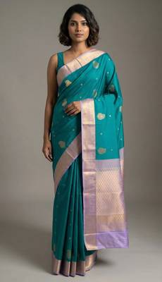 Dual tone teal blue and lilac lavender semi silk saree 1