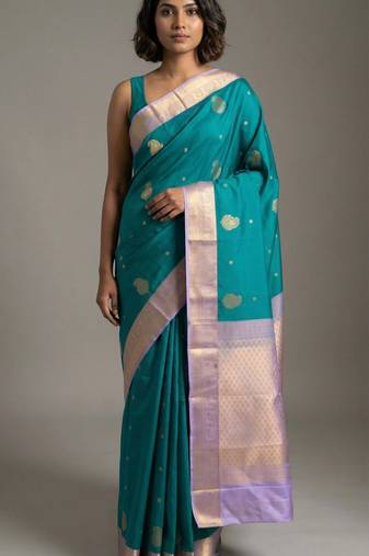 Dual tone teal blue and lilac lavender semi silk saree
