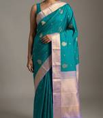 Dual tone teal blue and lilac lavender semi silk saree