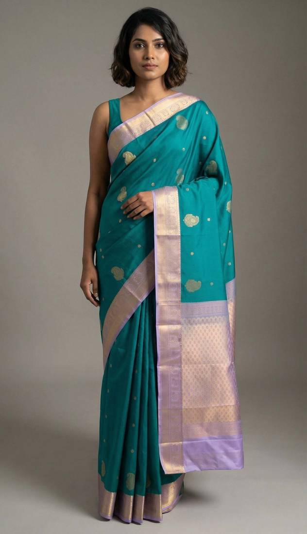 Dual tone teal blue and lilac lavender semi silk saree