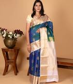 Peacock blue and powder pink butta pure silk saree