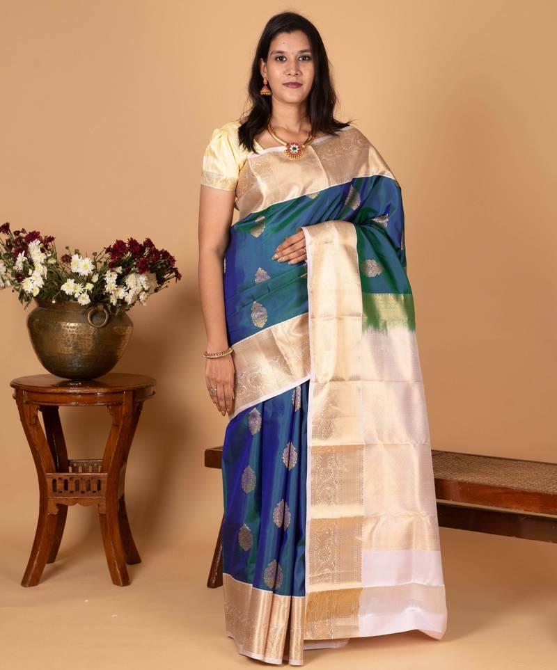 Peacock blue and powder pink butta pure silk saree