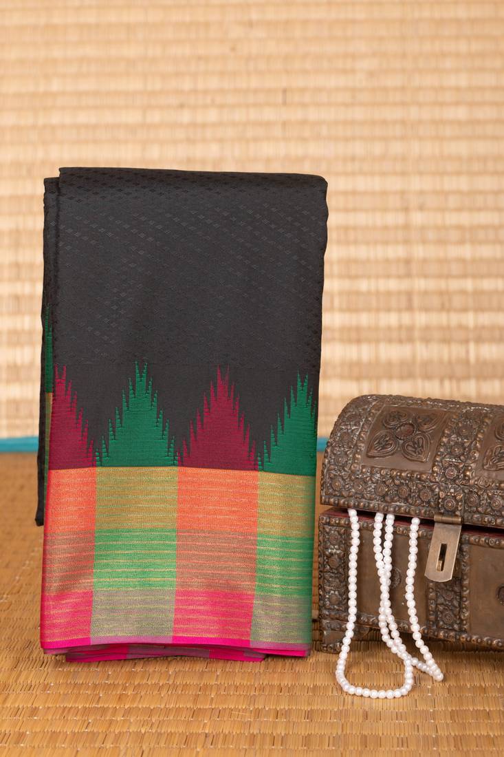 Black and rani pink temple border semi silk saree