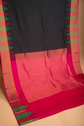 Black and rani pink temple border semi silk saree