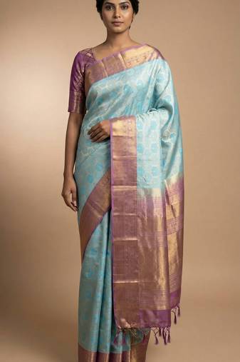 Baby blue and purple kanchi soft silk saree