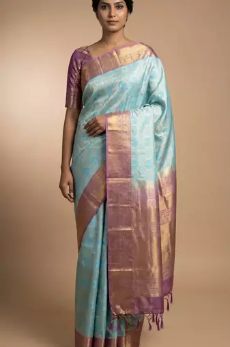 Baby blue and purple kanchi soft silk saree