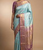 Baby blue and purple kanchi soft silk saree