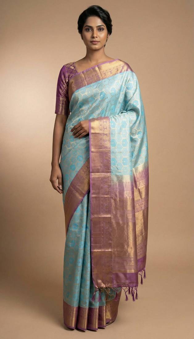 Baby blue and purple kanchi soft silk saree