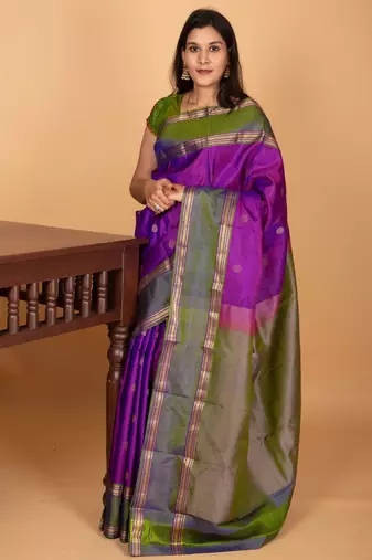 Dual tone violet and dual tone green retta patta border pure kanchi silk saree
