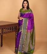 Dual tone violet and dual tone green retta patta border pure kanchi silk saree