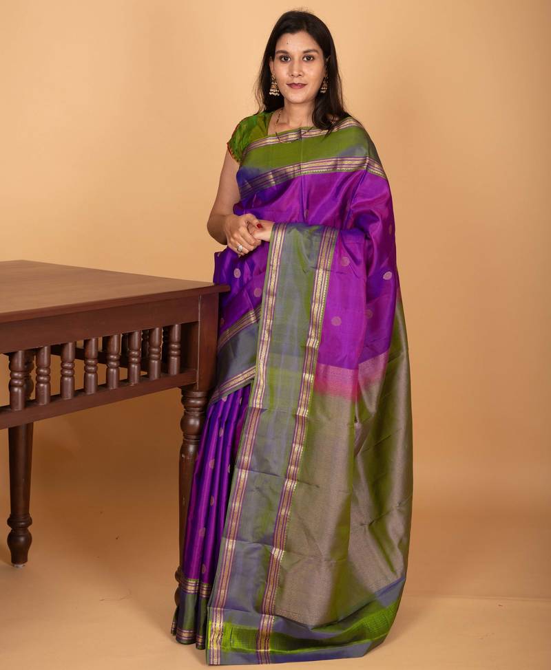 Dual tone violet and dual tone green retta patta border pure kanchi silk saree