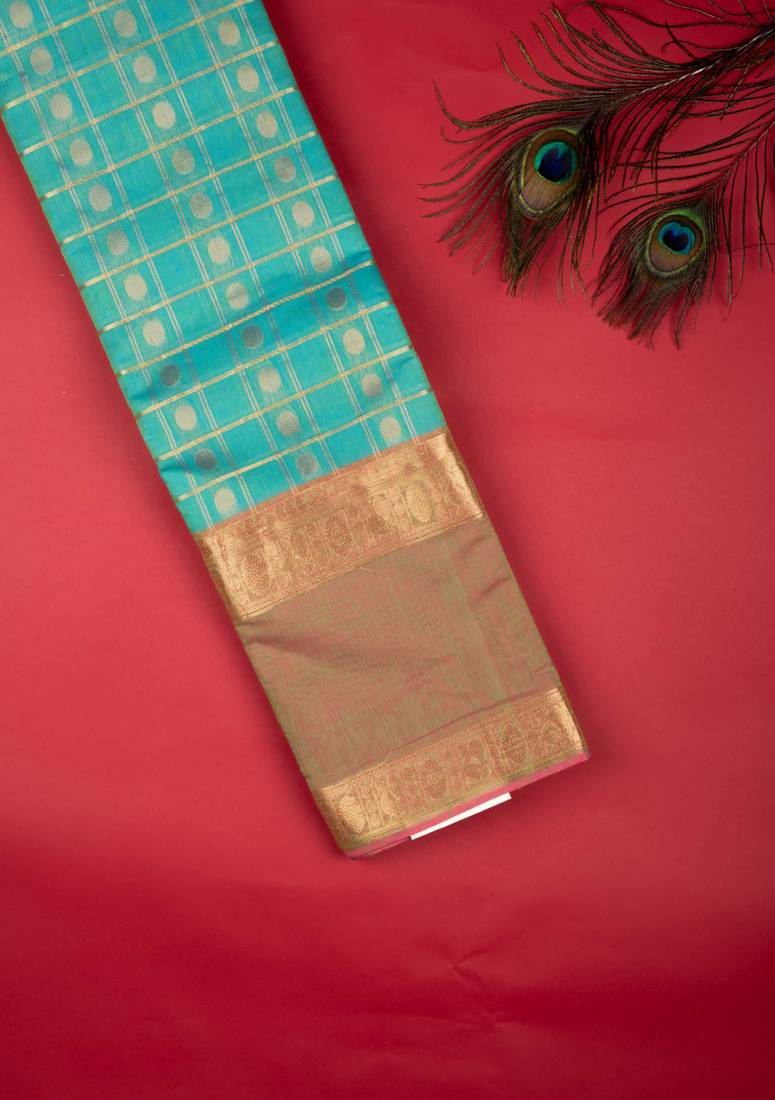 Dual tone aqua blue kanchi cotton saree