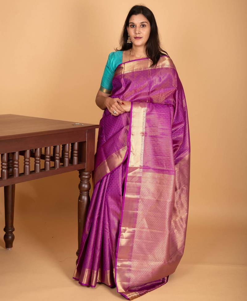 Wildberry purple and aqua blue tissue pure kanjivaram silk saree