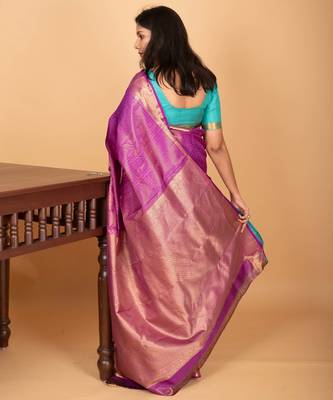 Wildberry purple and aqua blue tissue pure kanjivaram silk saree 3