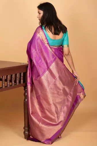 Wildberry purple and aqua blue tissue kanjivaram silk saree with blouse