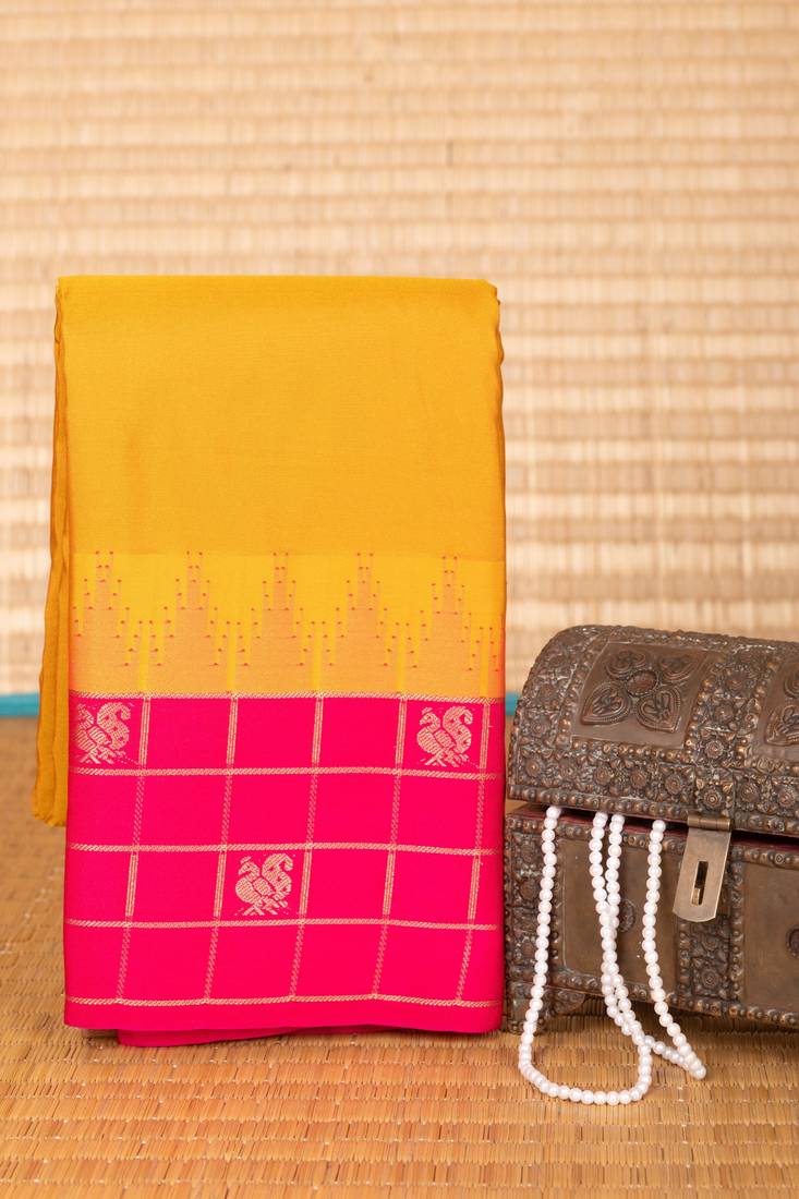 Turmeric yellow rani pink traditional semi silk saree