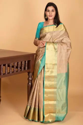 Beige and dual tone blue checked pure kanjivaram silk saree
