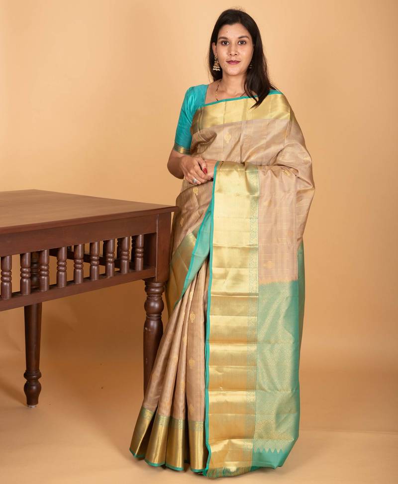 Beige and dual tone blue checked pure kanjivaram silk saree