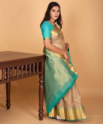 Beige and dual tone blue checked pure kanjivaram silk saree 3