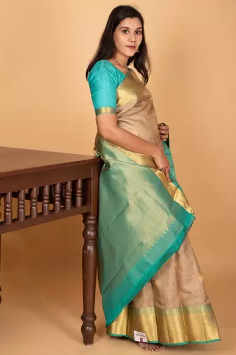 Beige and dual tone blue checked pure kanjivaram silk saree