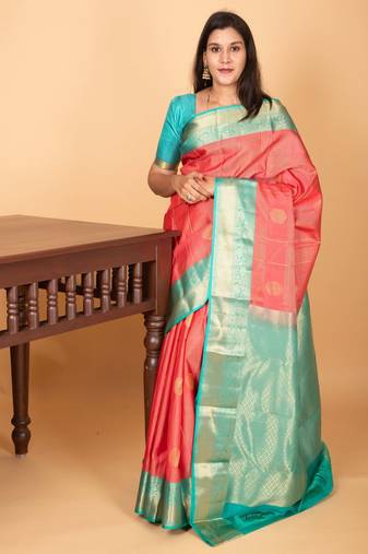 Watermelon pink and turquoise blue checked pure kanjivaram silk saree