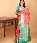 Watermelon pink and turquoise blue checked pure kanjivaram silk saree