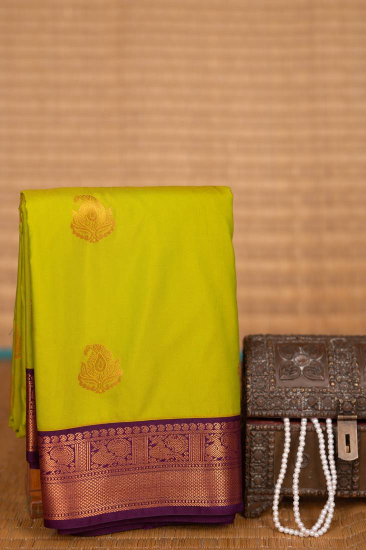 Chartreuse green and palatinate purple korvai semi silk saree