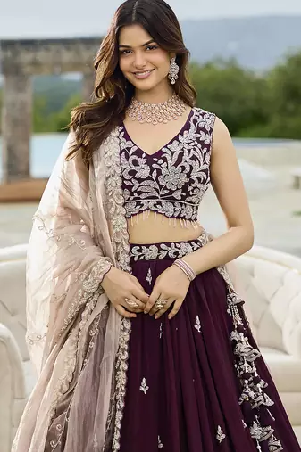 Wine Silk Blend Lehenga Choli