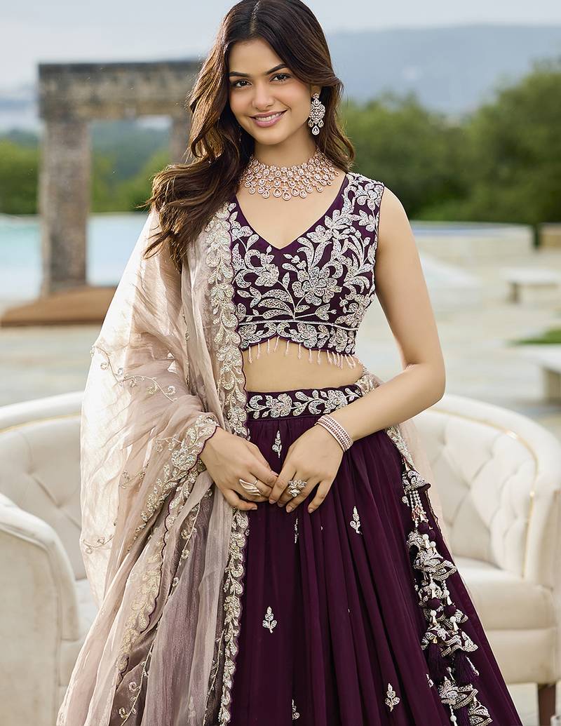 Wine Silk Blend Lehenga Choli