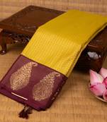 Saffron yellow and maroon soft silk saree