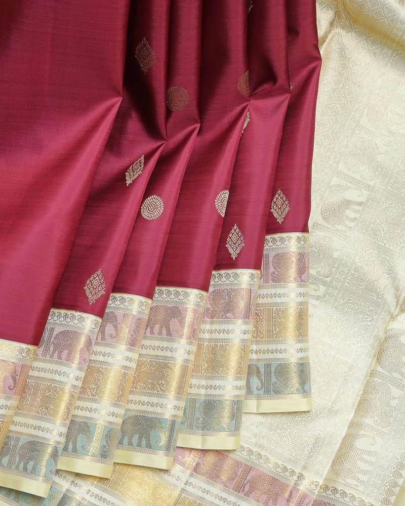 Maroon and cream pure zari silk saree