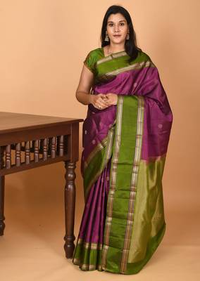 Grape purple and forest green retta patta border pure kanchi silk saree 1