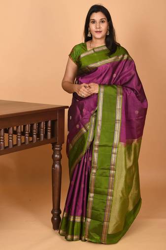 Grape purple and forest green retta patta border pure kanchi silk saree