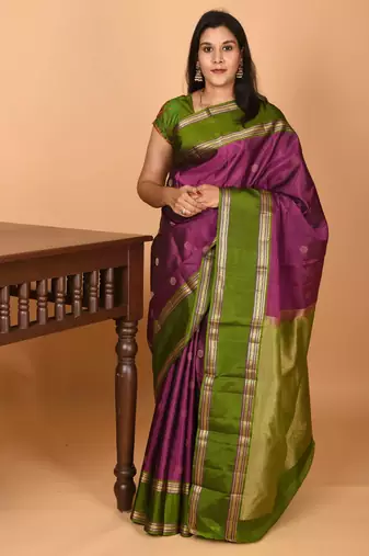 Grape purple and forest green retta patta border kanchi silk saree with blouse