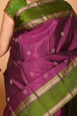 Grape purple and forest green retta patta border pure kanchi silk saree 2