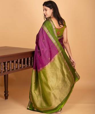 Grape purple and forest green retta patta border pure kanchi silk saree 3