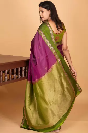 Grape purple and forest green retta patta border kanchi silk saree with blouse