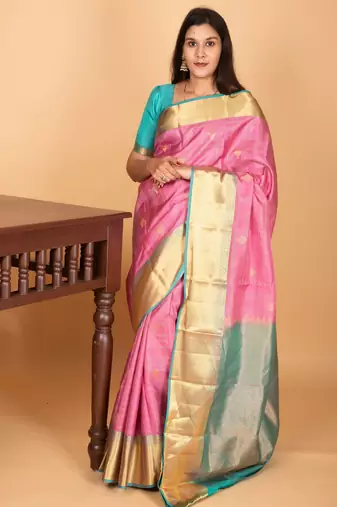Rosemilk pink and dual tone blue checked pure kanjivaram silk saree