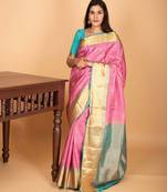 Rosemilk pink and dual tone blue checked pure kanjivaram silk saree