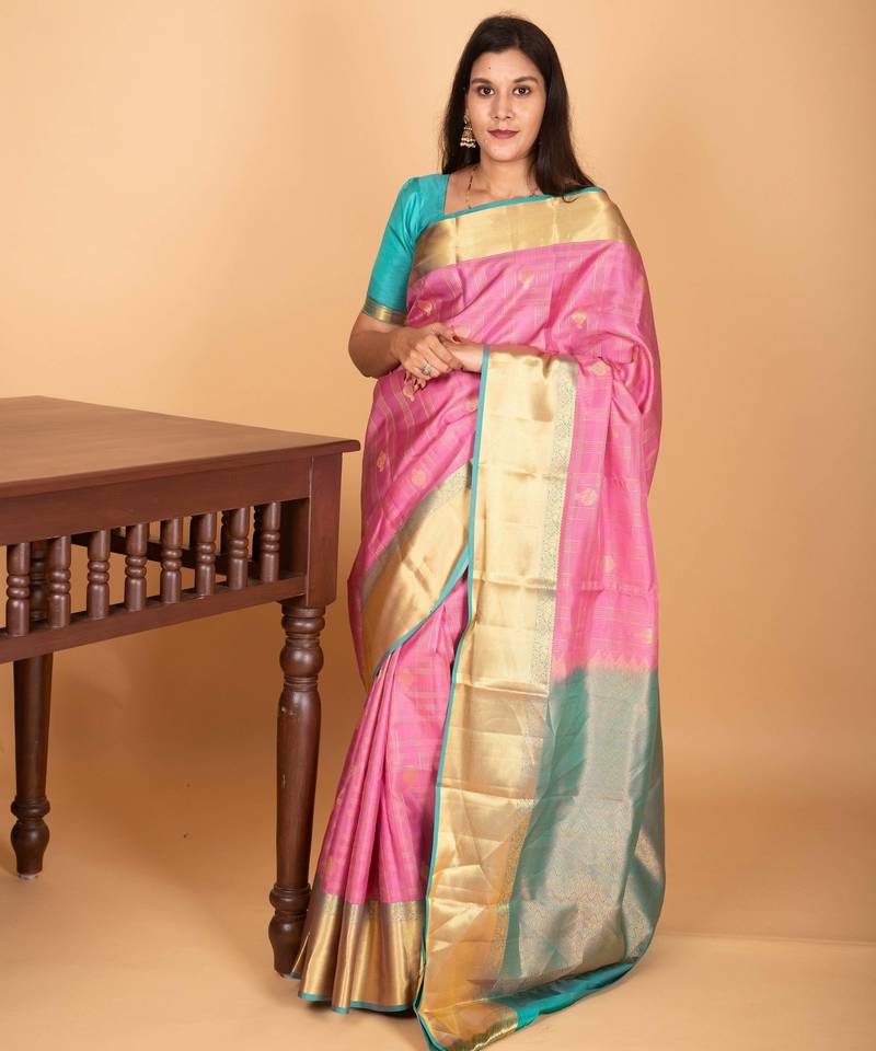 Rosemilk pink and dual tone blue checked pure kanjivaram silk saree