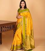 Royal yellow and dual tone green retta patta border pure kanchi silk saree
