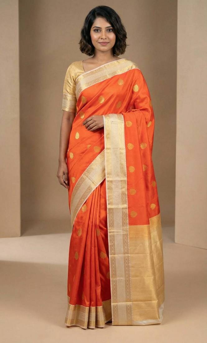 Persimmon orange and offwhite semi silk saree