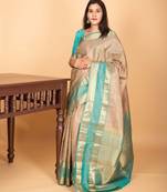 Oatmeal white and dual tone blue retta patta border pure kanchi silk saree
