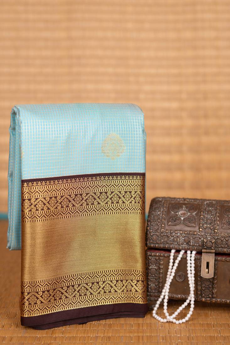 Baby blue and chocolate brown kanchi semi silk saree