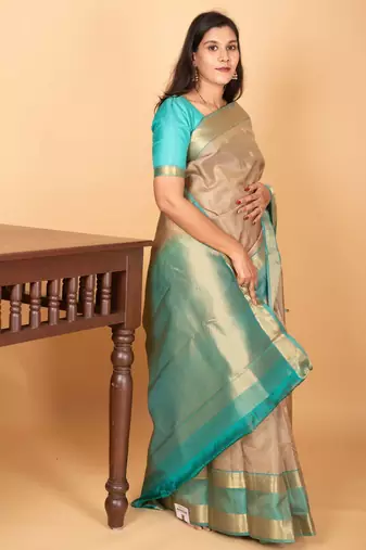 Oatmeal white and dual tone blue retta patta border kanchi silk saree with blouse