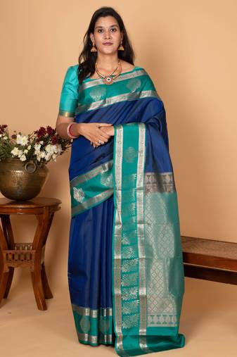 Peacock blue and teal green checked pure silk saree