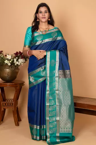 Peacock blue and teal green checked pure silk saree