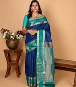 Peacock blue and teal green checked pure silk saree