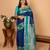Peacock blue and teal green checked pure silk saree